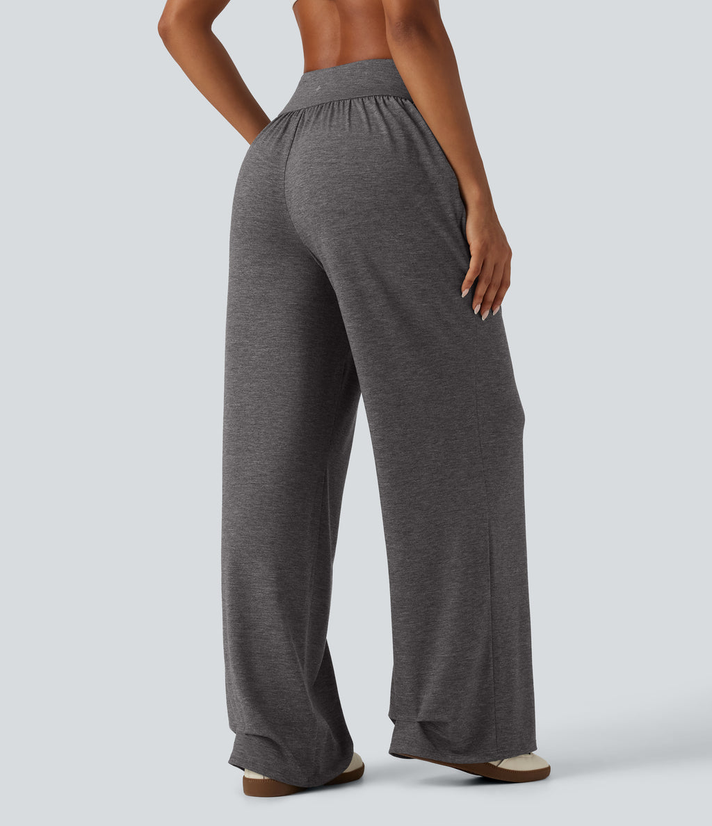 High Waisted Ruched Baggy Yoga Trousers with Pockets — Darl Gray Floral Yarn — view 2