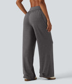 High Waisted Ruched Baggy Yoga Trousers with Pockets — Darl Gray Floral Yarn — view 2