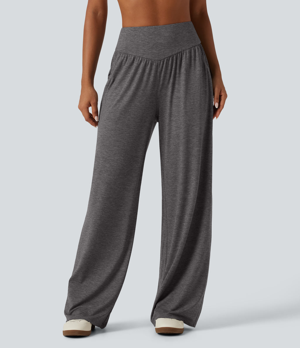 High Waisted Ruched Baggy Yoga Trousers with Pockets — Darl Gray Floral Yarn — view 3