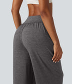 High Waisted Ruched Baggy Yoga Trousers with Pockets — Darl Gray Floral Yarn — view 5