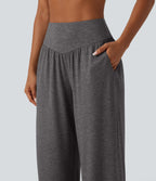 High Waisted Ruched Baggy Yoga Trousers with Pockets — Darl Gray Floral Yarn — view 4