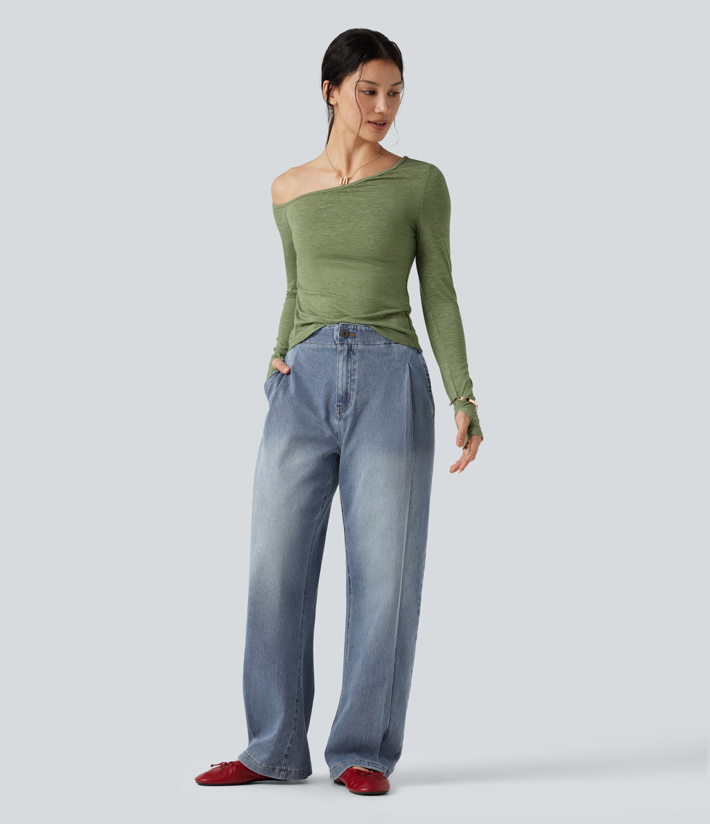 High-waisted Casual Tapered Jeans with Pockets — Sunset Blue Denim — view 8