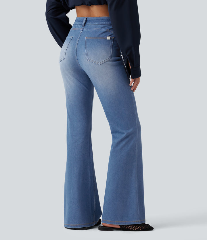 High Waisted Crossover Tummy Control Flare Casual Jeans with Pockets — Powder Blue Denim — view 2