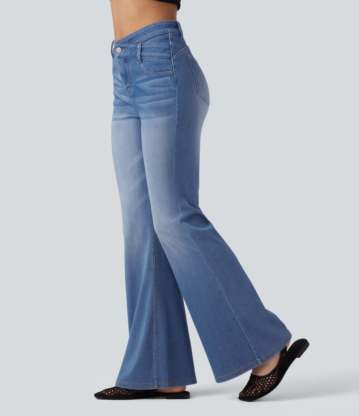 High Waisted Crossover Tummy Control Flare Casual Jeans with Pockets — Powder Blue Denim — view 3