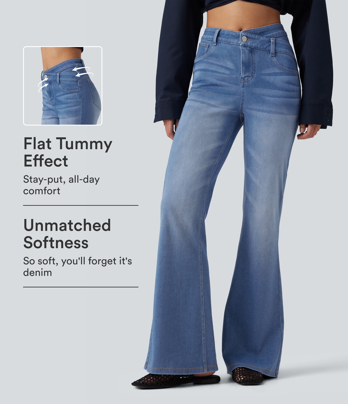 High Waisted Crossover Tummy Control Flare Casual Jeans with Pockets — Powder Blue Denim — view 1