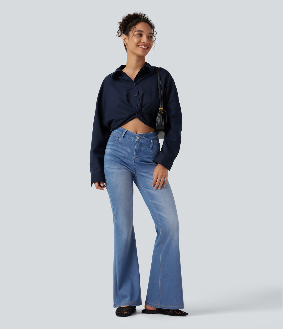 High Waisted Crossover Tummy Control Flare Casual Jeans with Pockets — Powder Blue Denim — view 4