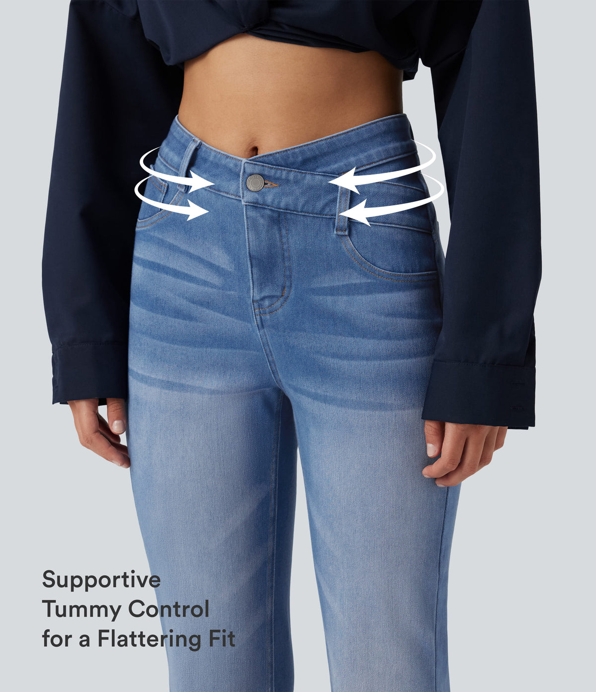 High Waisted Crossover Tummy Control Flare Casual Jeans with Pockets — Powder Blue Denim — view 5