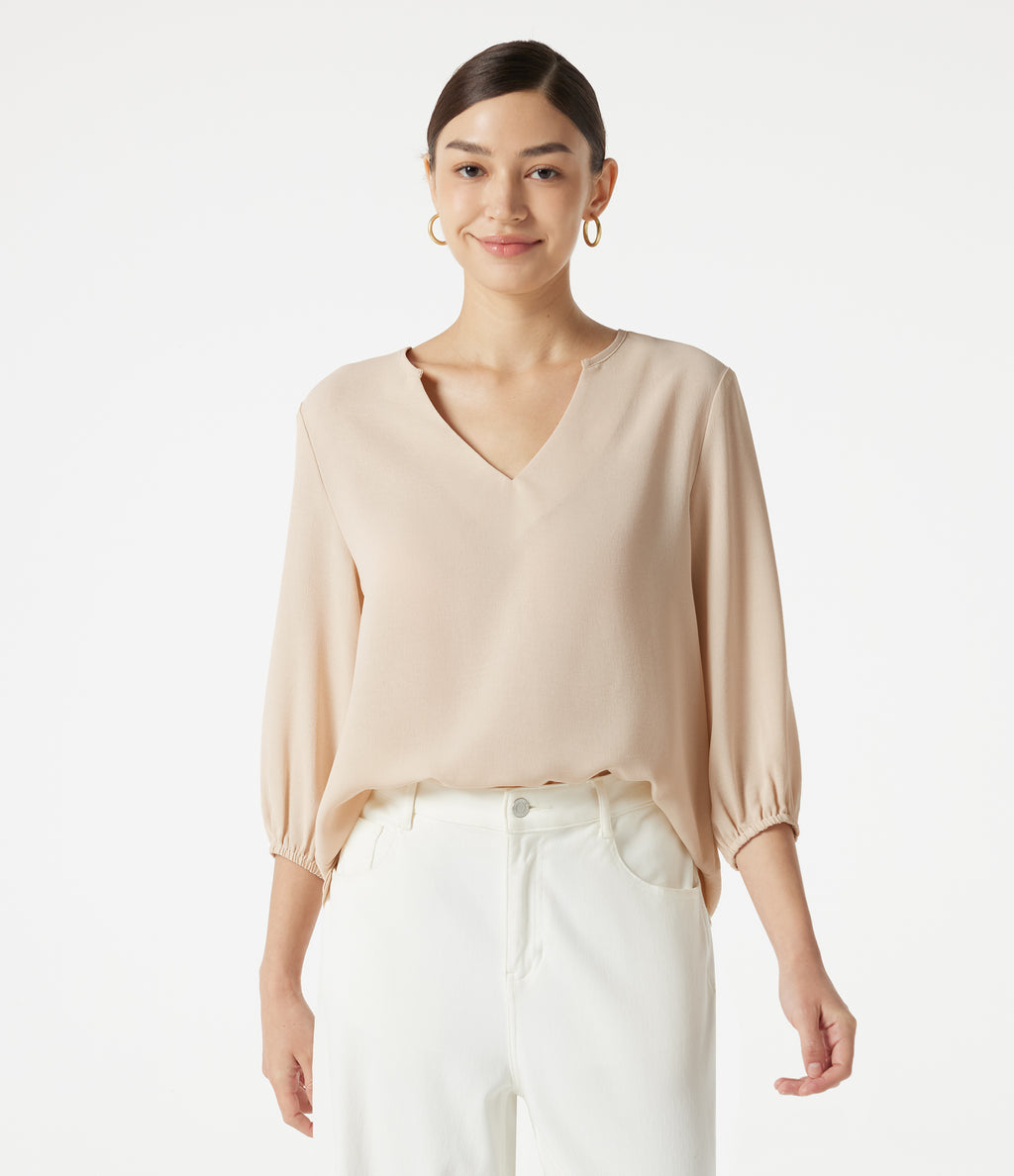 V Neck 3/4 Sleeve Casual Linen-Feel Top — Nova Scotia — view 4