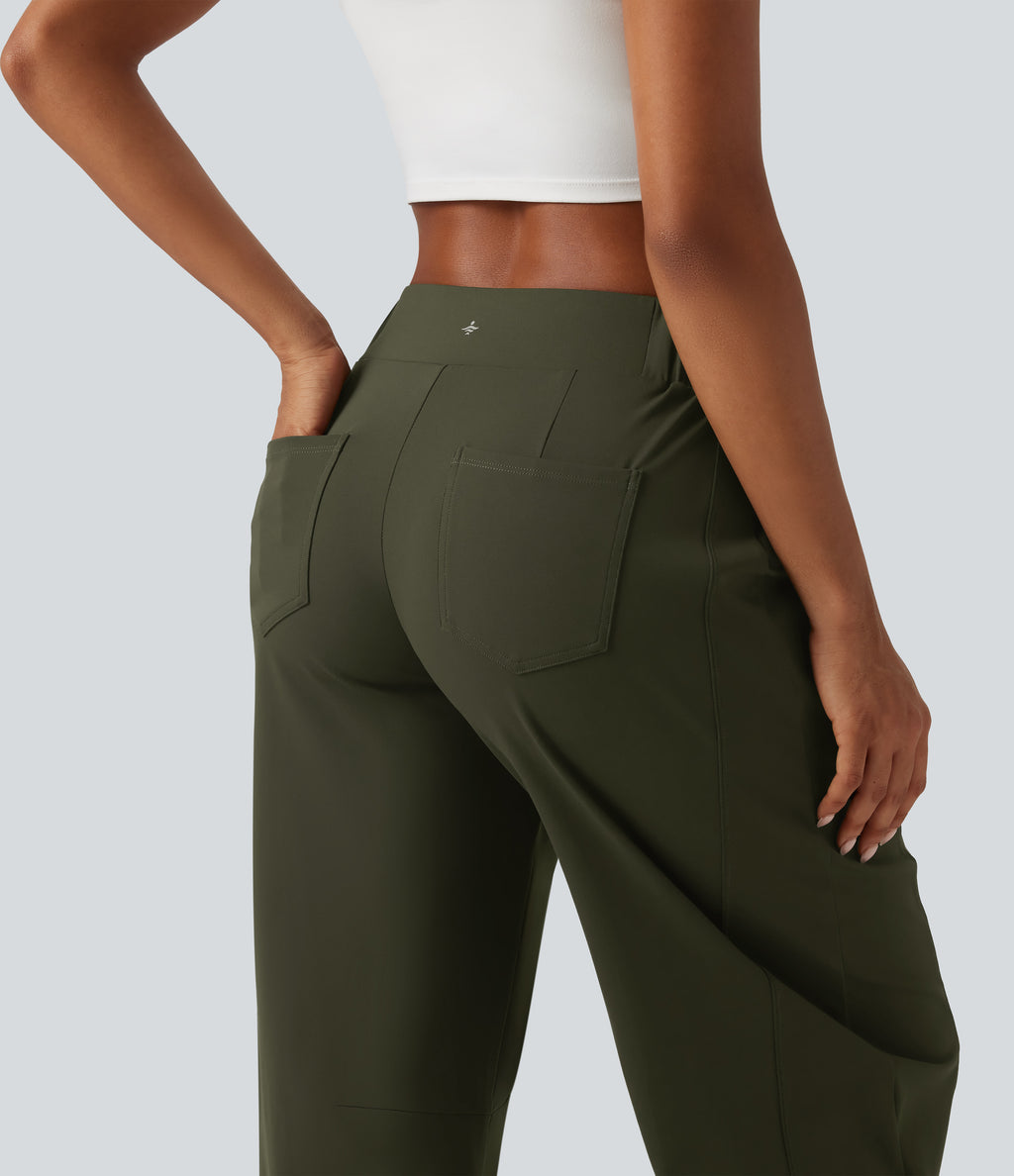 Mid Rise Barrel Leg Yoga Trousers with Pockets — Forest Night — view 5