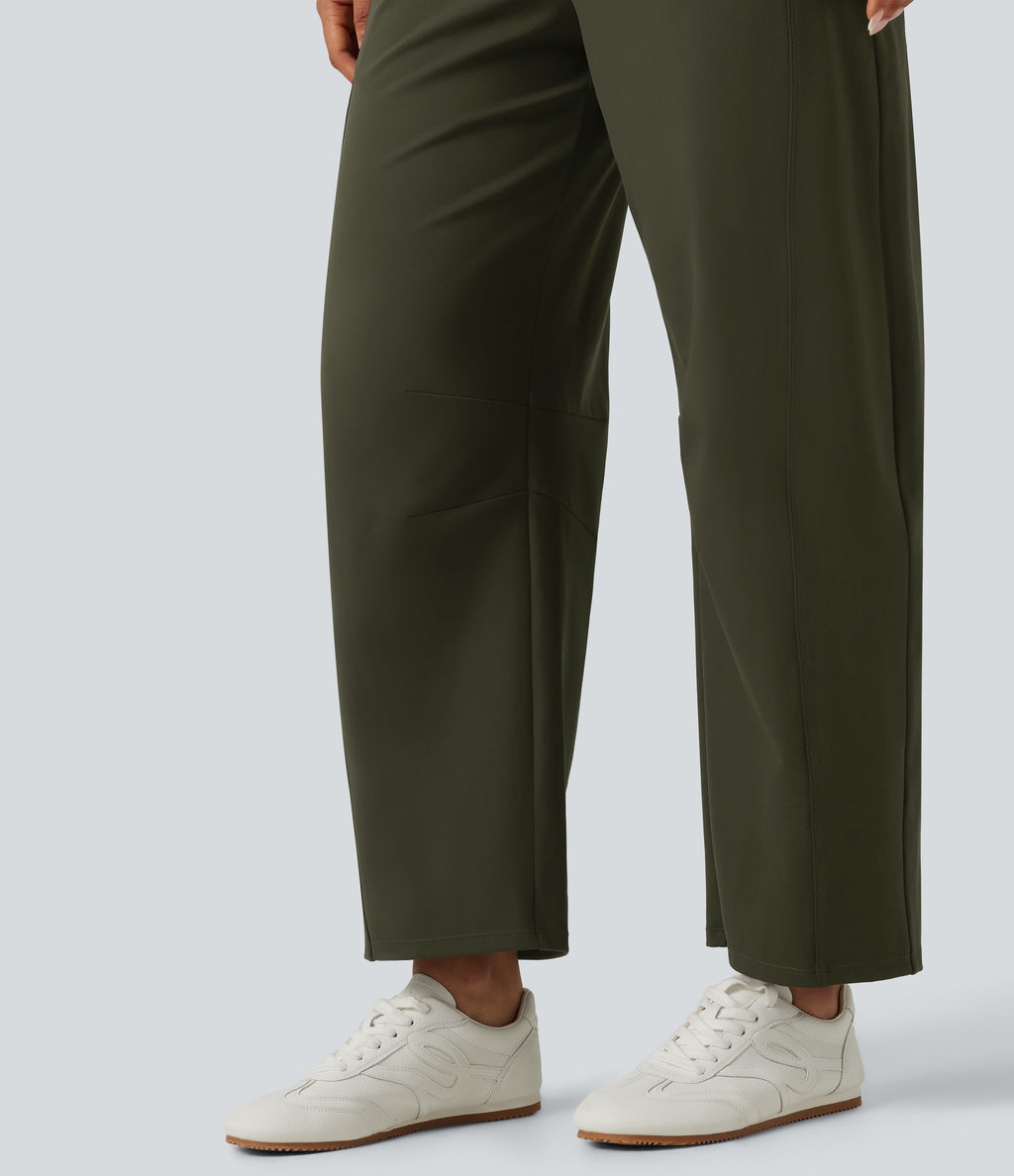 Mid Rise Barrel Leg Yoga Trousers with Pockets — Forest Night — view 8