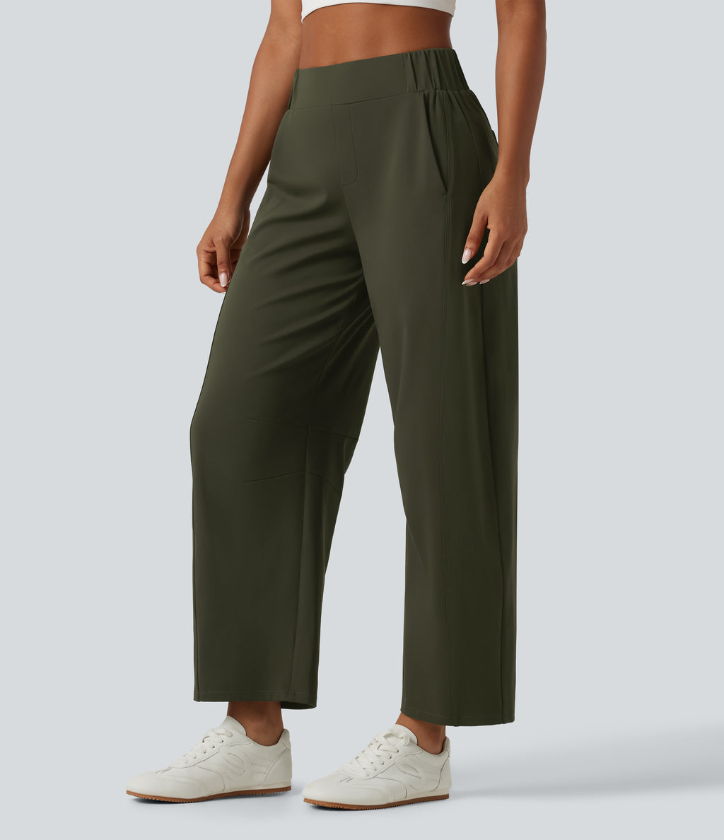 Mid Rise Barrel Leg Yoga Trousers with Pockets — Forest Night — view 3
