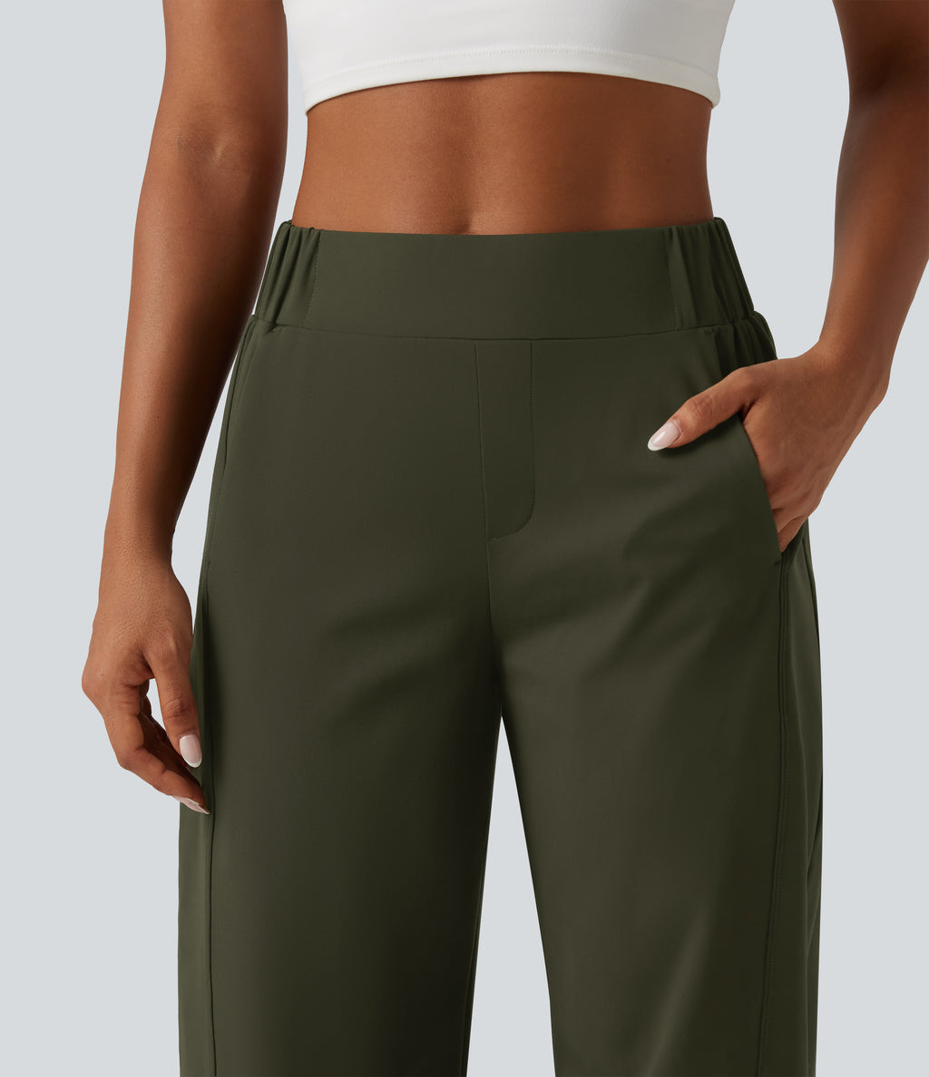 Mid Rise Barrel Leg Yoga Trousers with Pockets — Forest Night — view 4