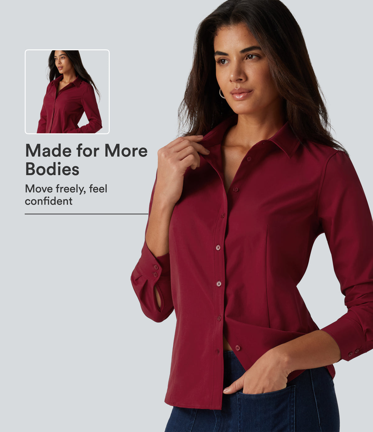 Long Sleeve Curved Hem Work Shirt — Rhythmic Red — view 1
