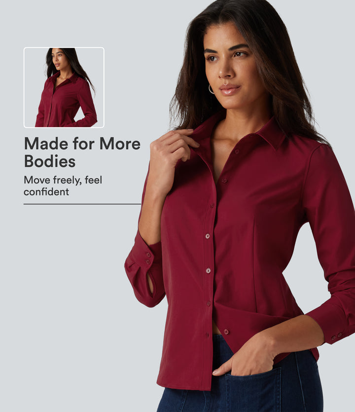 Long Sleeve Curved Hem Work Shirt — Rhythmic Red — view 1