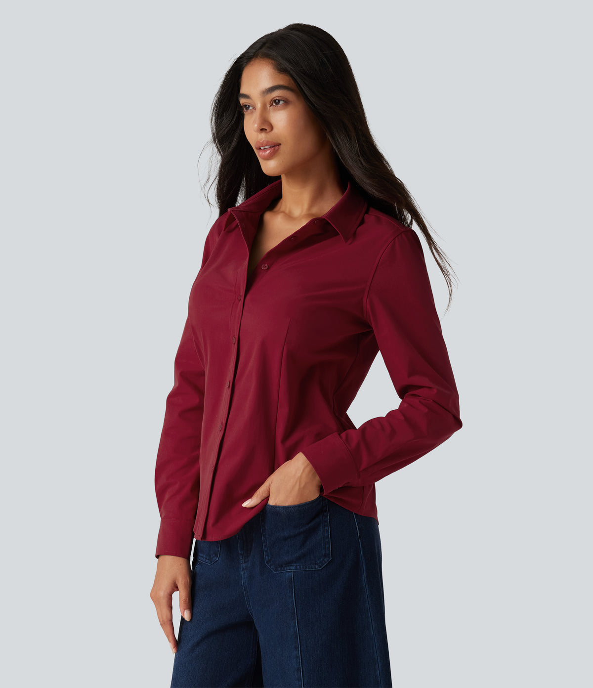 Long Sleeve Curved Hem Work Shirt — Rhythmic Red — view 5