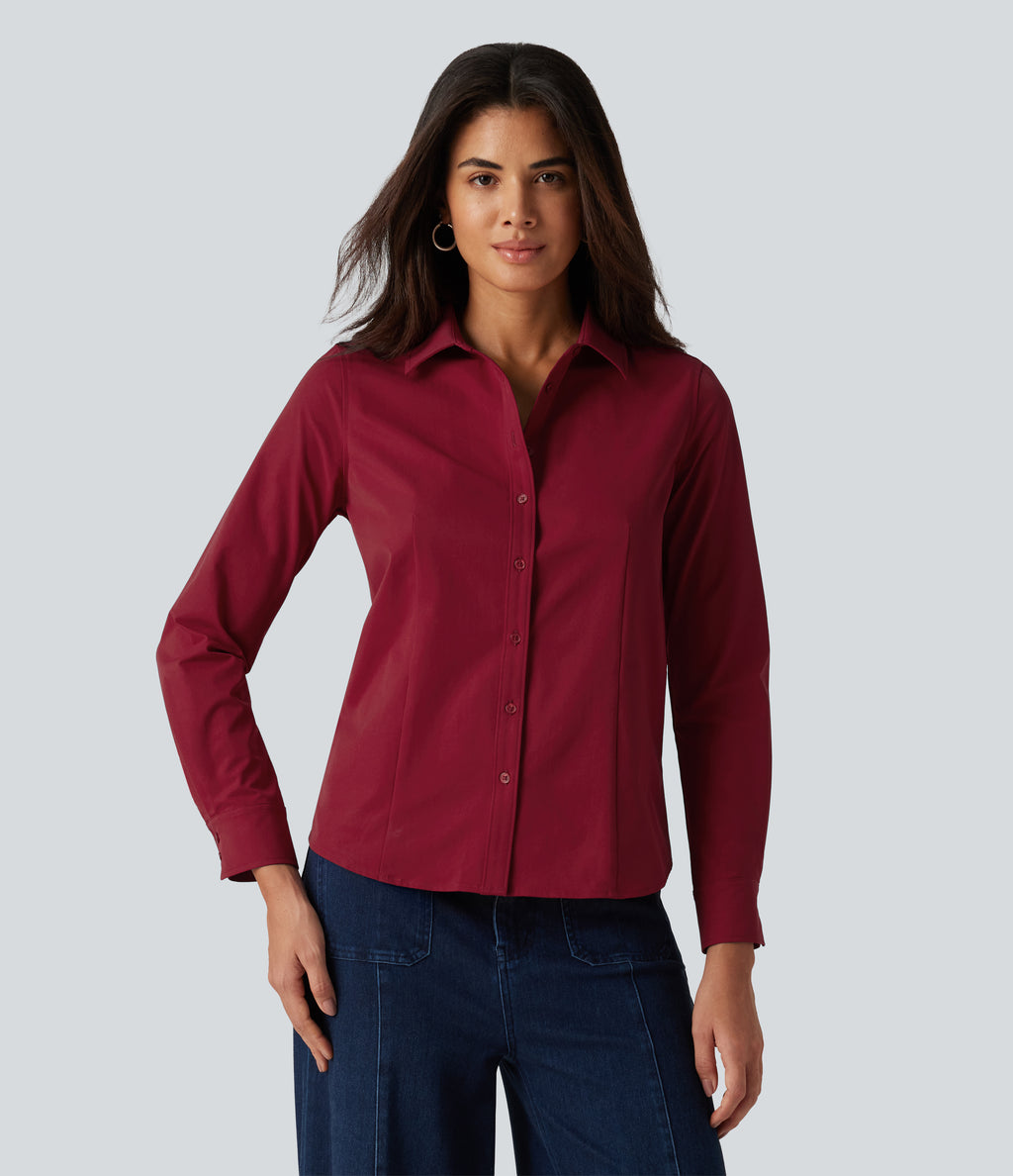 Long Sleeve Curved Hem Work Shirt — Rhythmic Red — view 3