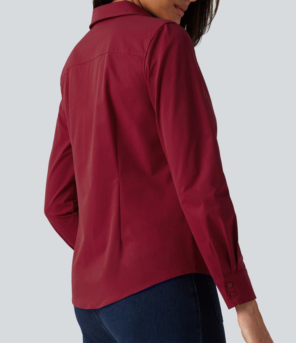 Long Sleeve Curved Hem Work Shirt — Rhythmic Red — view 8