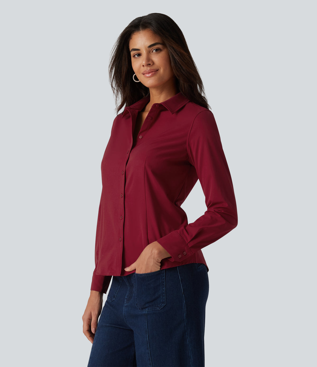 Long Sleeve Curved Hem Work Shirt — Rhythmic Red — view 6