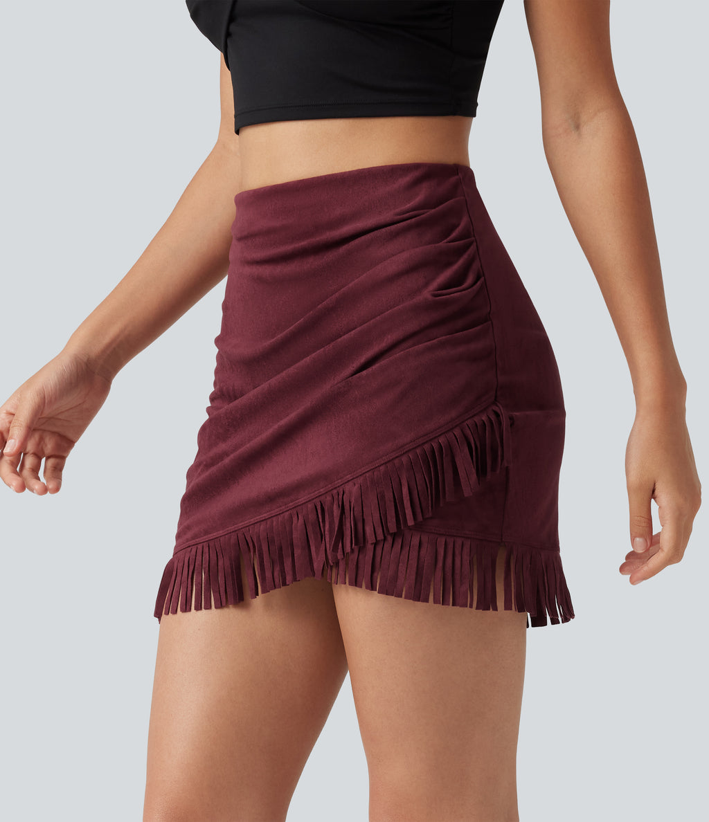 High Waisted 2-in-1 Fringe Hem Bodycon Mini Suede Party Skirt — Chocolate Truffle — view 3