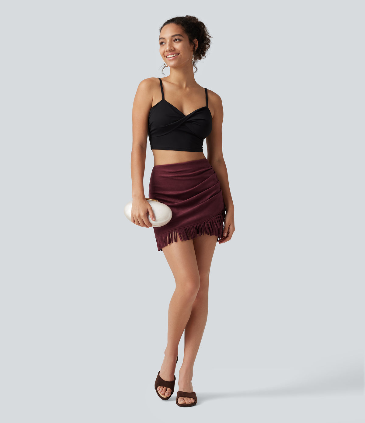 High Waisted 2-in-1 Fringe Hem Bodycon Mini Suede Party Skirt — Chocolate Truffle — view 7