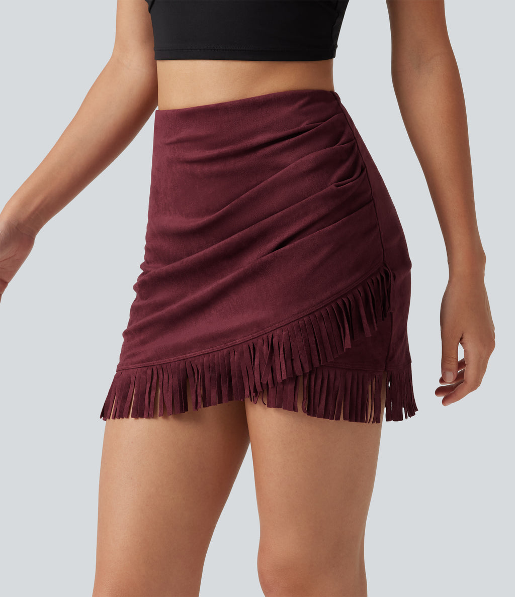 High Waisted 2-in-1 Fringe Hem Bodycon Mini Suede Party Skirt — Chocolate Truffle — view 5