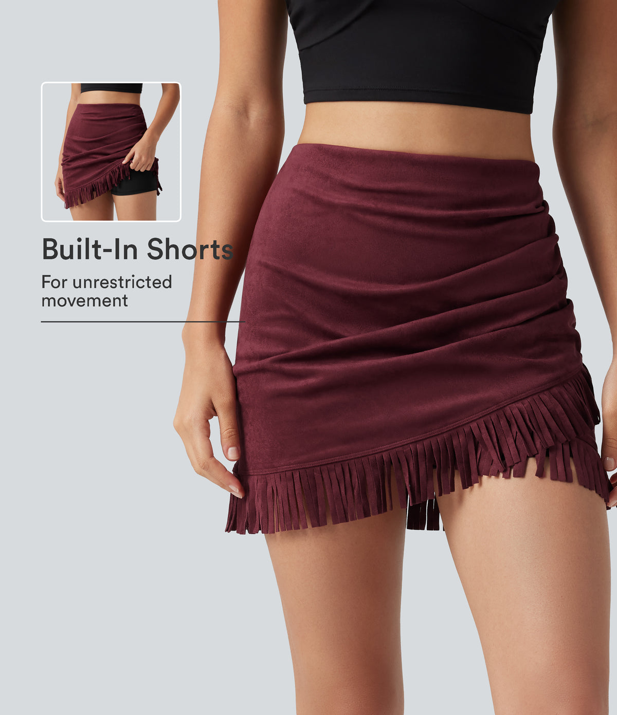 High Waisted 2-in-1 Fringe Hem Bodycon Mini Suede Party Skirt — Chocolate Truffle — view 1
