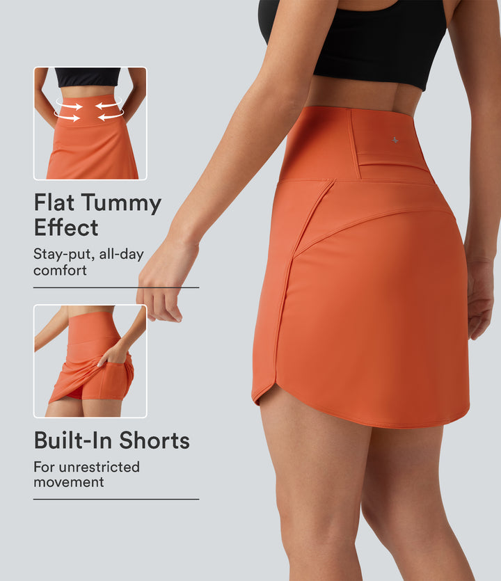 Airy Super High Waisted Tummy Control Curved Hem 2-in-1 InstantCool Golf Mini Skirt with Pockets-Longer Length — Dusty Orange — view 1