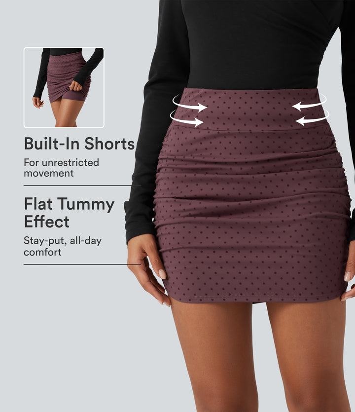 High Waisted Tummy Control Ruched Curved Hem 2-in-1 Polka Dot Velvet Mini Bodycon Skirt — Syrah Red Dot — view 1