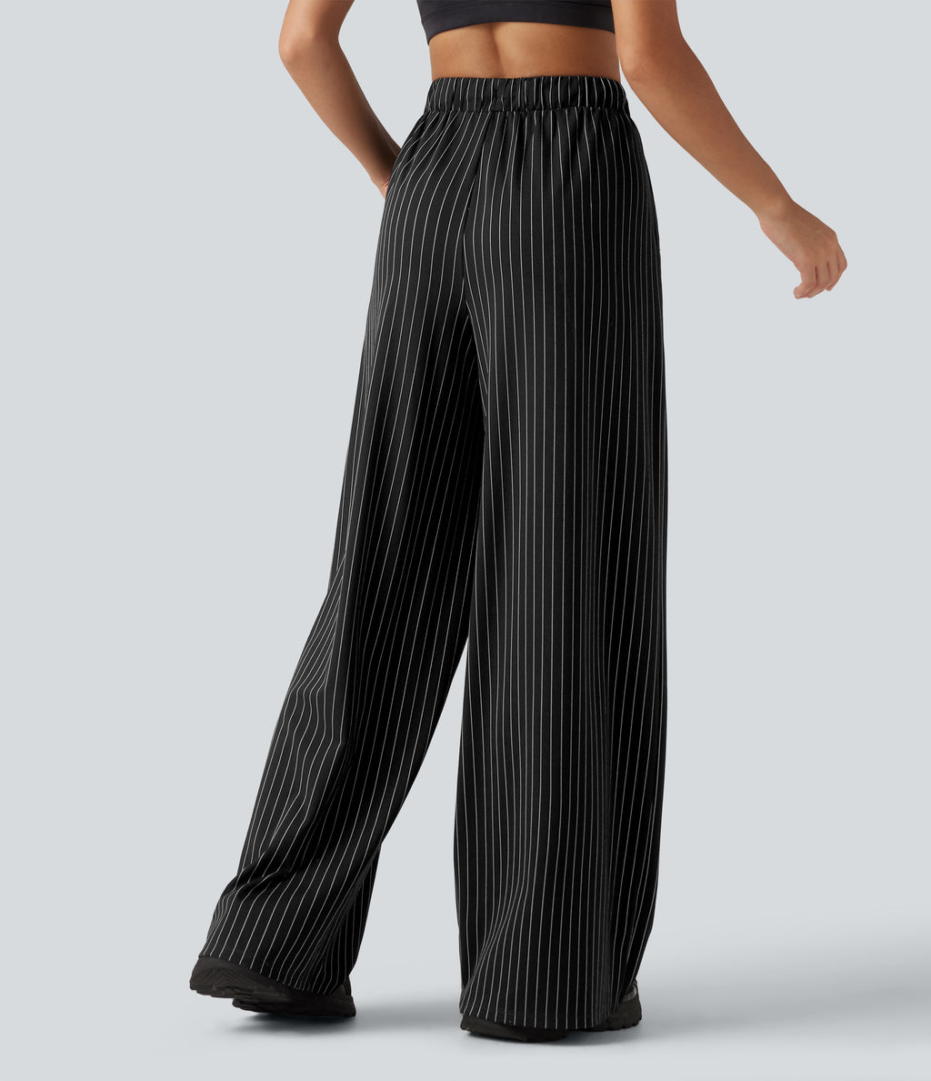 Mid Rise Drawstring Straight Leg InstantCool Stripe Tennis Trousers with Pockets — Black White Pinstripe — view 2