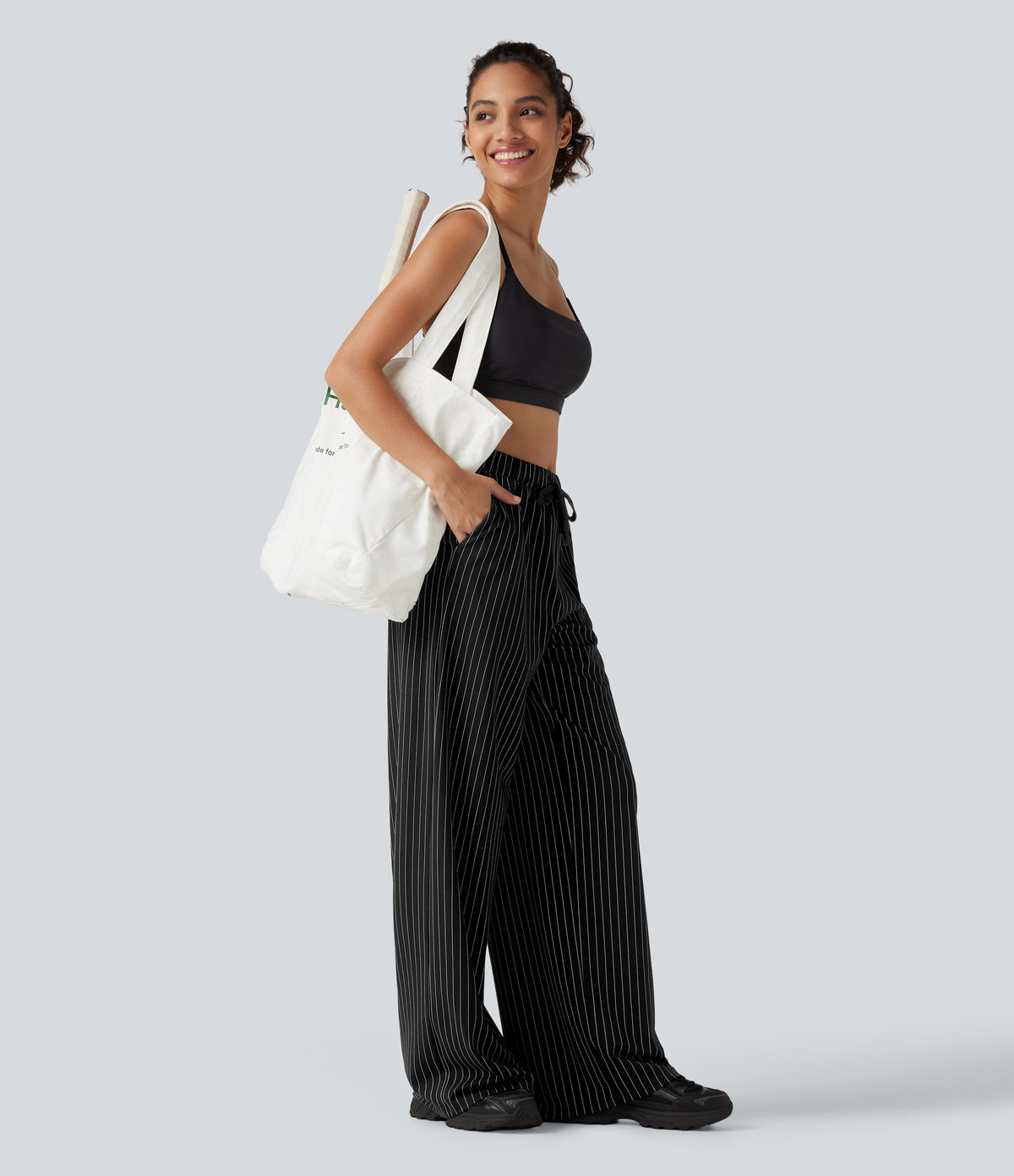 Mid Rise Drawstring Straight Leg InstantCool Stripe Tennis Trousers with Pockets — Black White Pinstripe — view 8