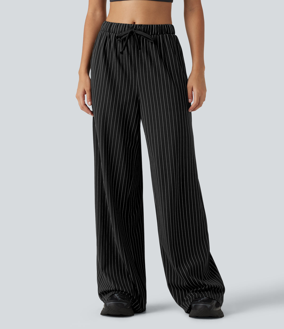 Mid Rise Drawstring Straight Leg InstantCool Stripe Tennis Trousers with Pockets — Black White Pinstripe — view 3