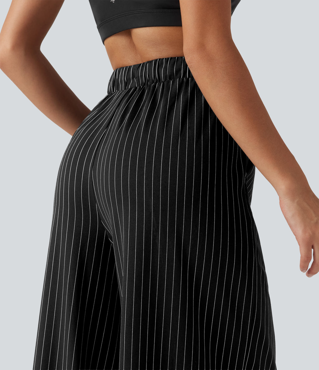 Mid Rise Drawstring Straight Leg InstantCool Stripe Tennis Trousers with Pockets — Black White Pinstripe — view 4