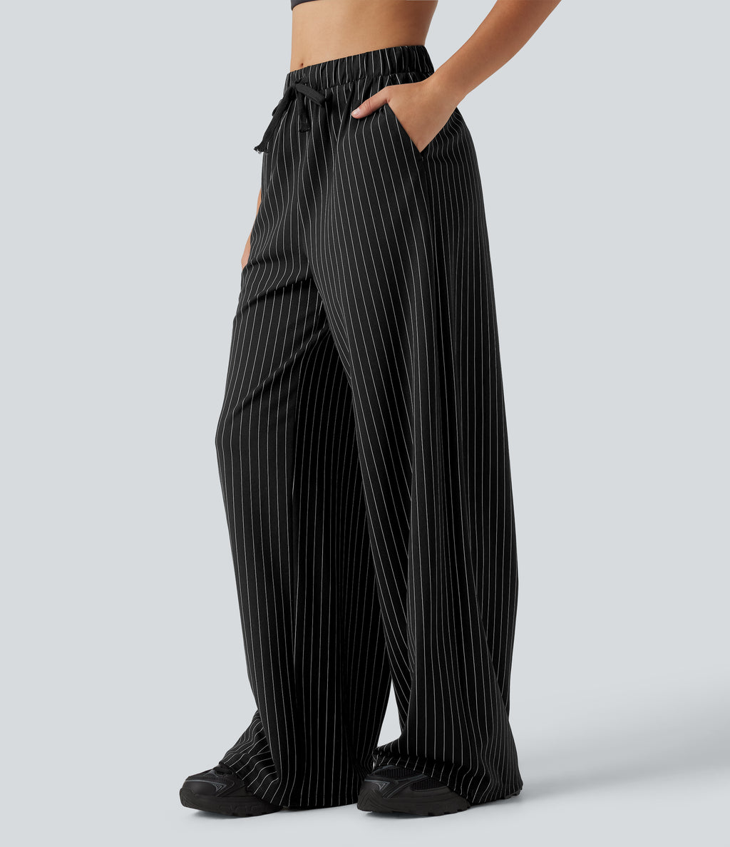 Mid Rise Drawstring Straight Leg InstantCool Stripe Tennis Trousers with Pockets — Black White Pinstripe — view 1