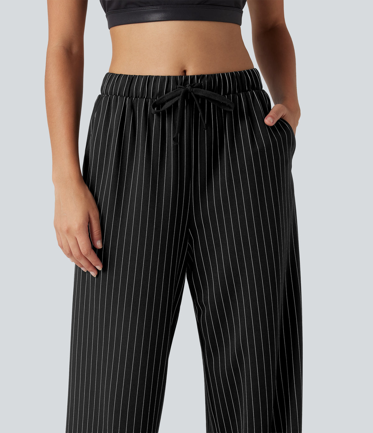 Mid Rise Drawstring Straight Leg InstantCool Stripe Tennis Trousers with Pockets — Black White Pinstripe — view 5