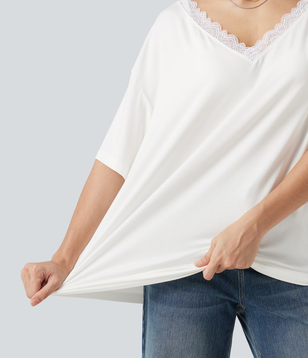 V Neck Contrast Mesh Short Sleeve Casual T-Shirt — White — view 7