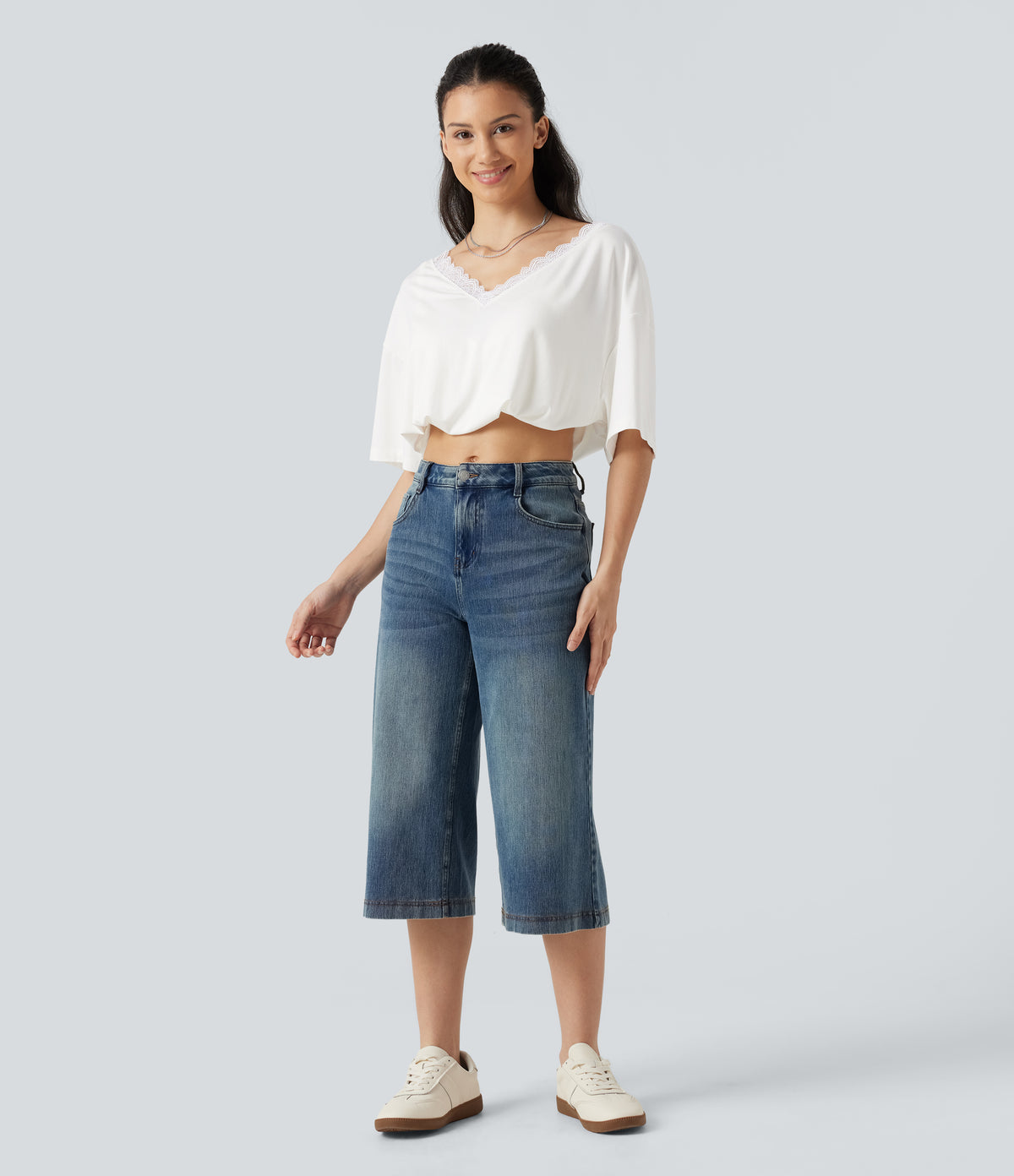 V Neck Contrast Mesh Short Sleeve Casual T-Shirt — White — view 8