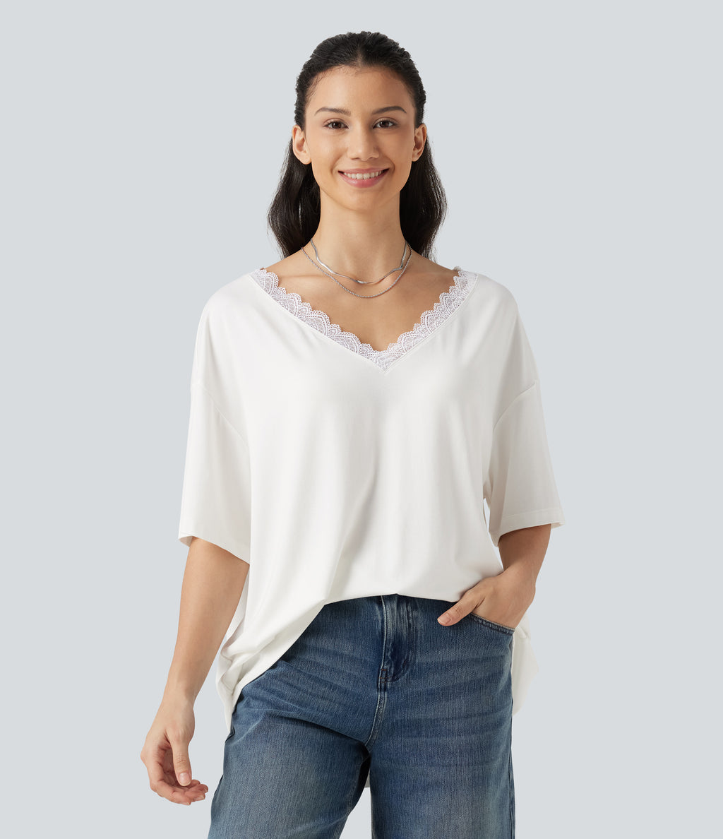 V Neck Contrast Mesh Short Sleeve Casual T-Shirt — White — view 3