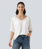 V Neck Contrast Mesh Short Sleeve Casual T-Shirt — White — view 3