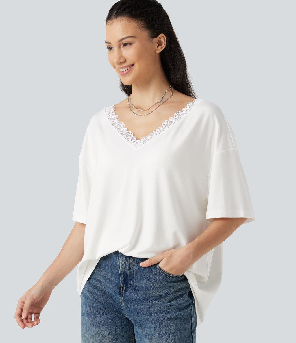 V Neck Contrast Mesh Short Sleeve Casual T-Shirt — White — view 1