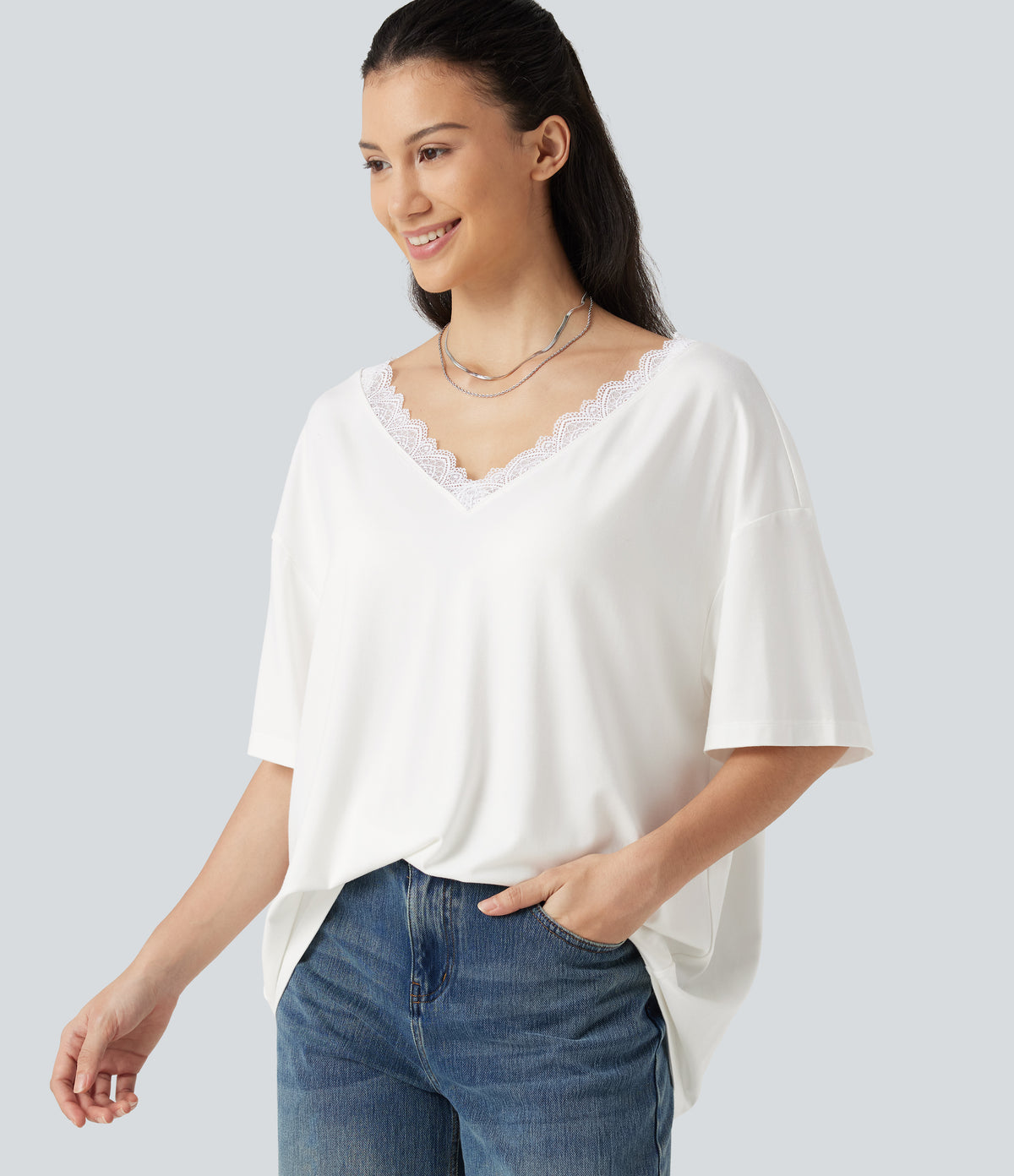 V Neck Contrast Mesh Short Sleeve Casual T-Shirt — White — view 1