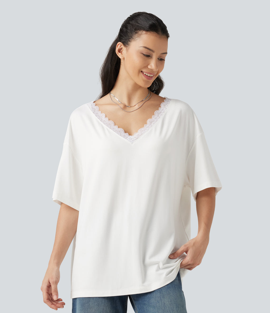 V Neck Contrast Mesh Short Sleeve Casual T-Shirt — White — view 5