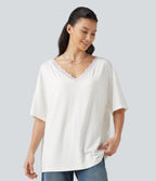 V Neck Contrast Mesh Short Sleeve Casual T-Shirt — White — view 5