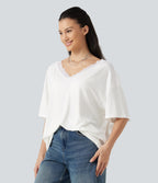 V Neck Contrast Mesh Short Sleeve Casual T-Shirt — White — view 4