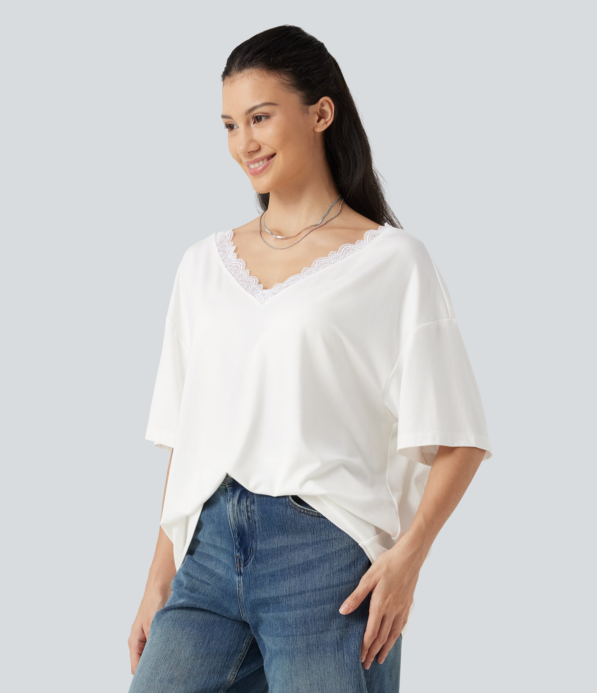V Neck Contrast Mesh Short Sleeve Casual T-Shirt — White — view 4