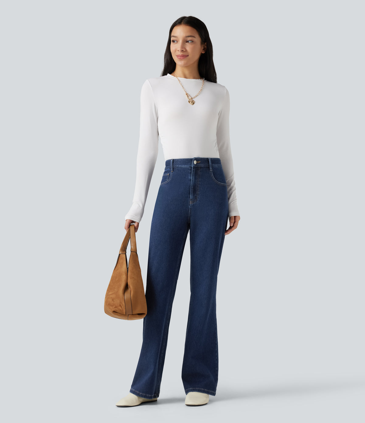 High Waisted Flare Casual Jeans with Pockets — Inkling Blue Denim — view 7