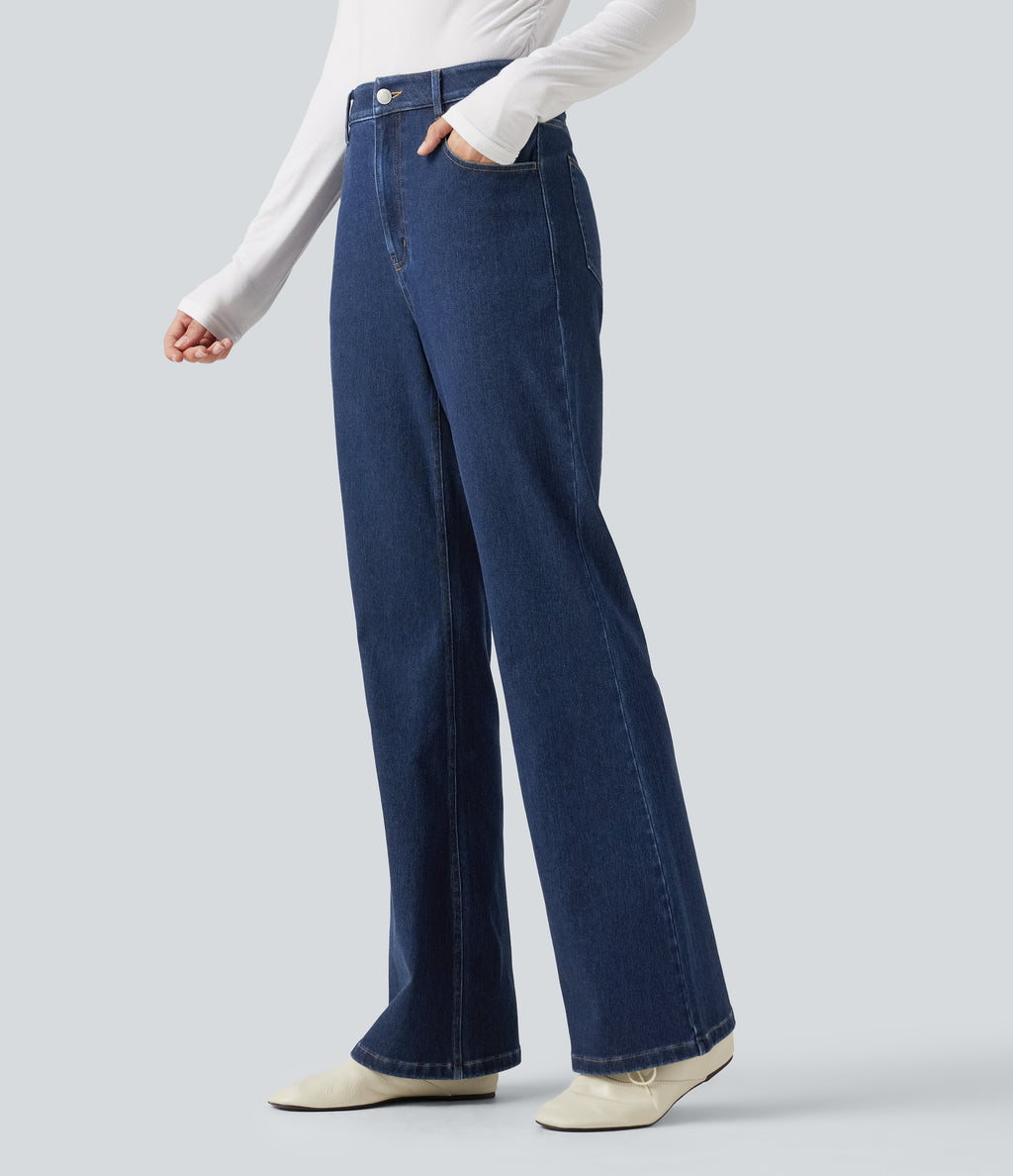 High Waisted Flare Casual Jeans with Pockets — Inkling Blue Denim — view 3