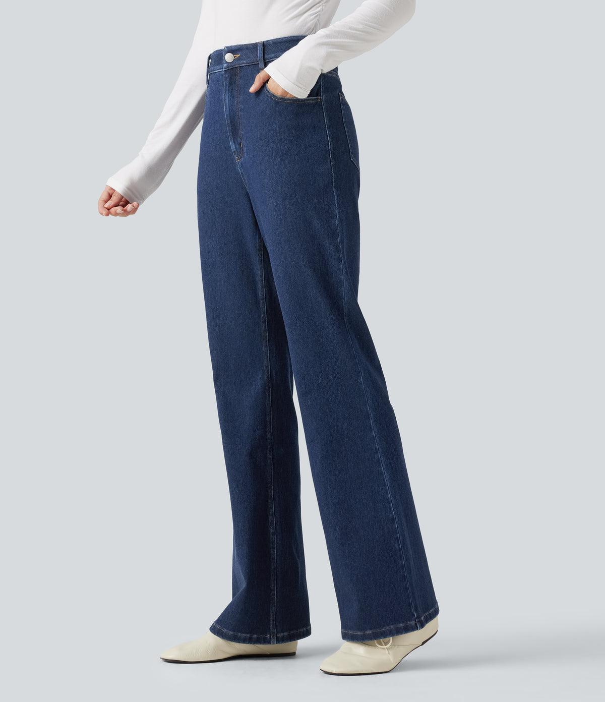 High Waisted Flare Casual Jeans with Pockets — Inkling Blue Denim — view 3