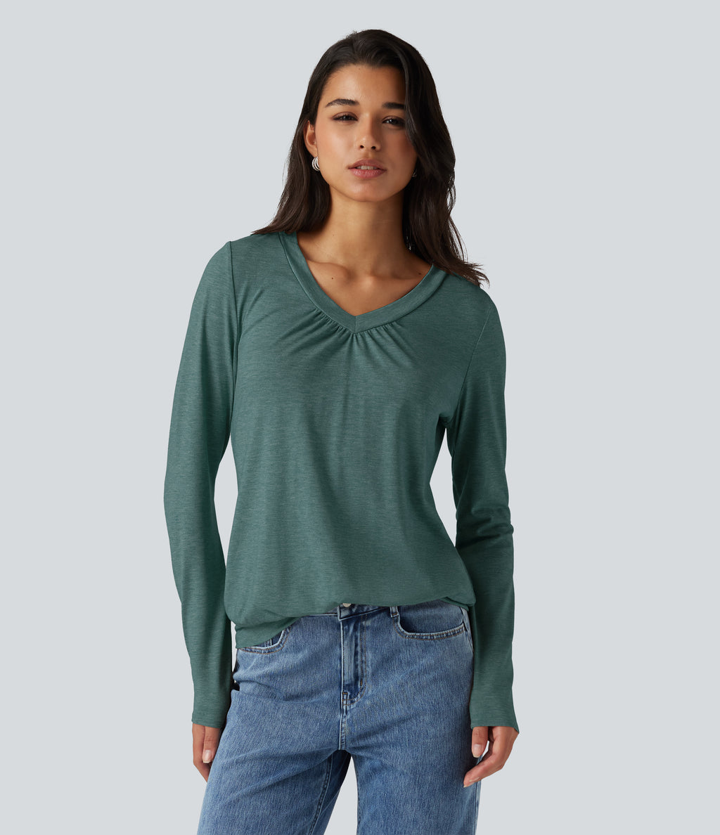 V Neck Ruched Long Sleeve Casual Top — Jade Green Floral Yarn — view 5