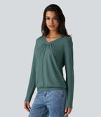V Neck Ruched Long Sleeve Casual Top — Jade Green Floral Yarn — view 3