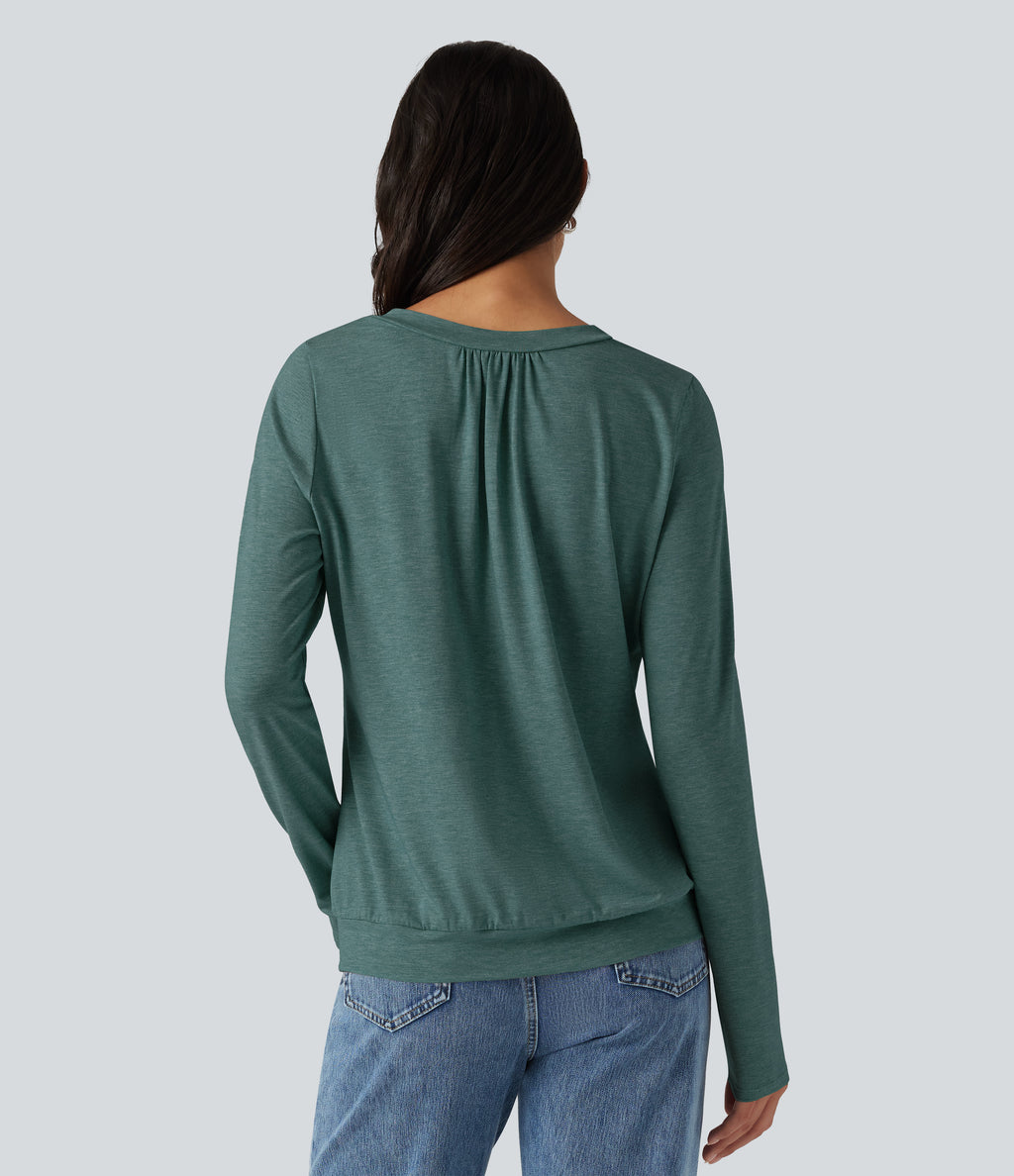 V Neck Ruched Long Sleeve Casual Top — Jade Green Floral Yarn — view 2